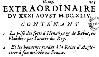 Extraordinaires de la Gazette datées du 31 août 1644